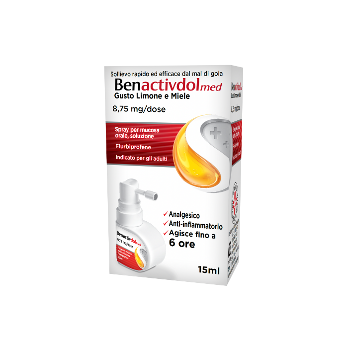 Benactivdolmed Spray 8,75mg/Dose Mal di Gola Acuto Gusto Limone e Miele, 15ml