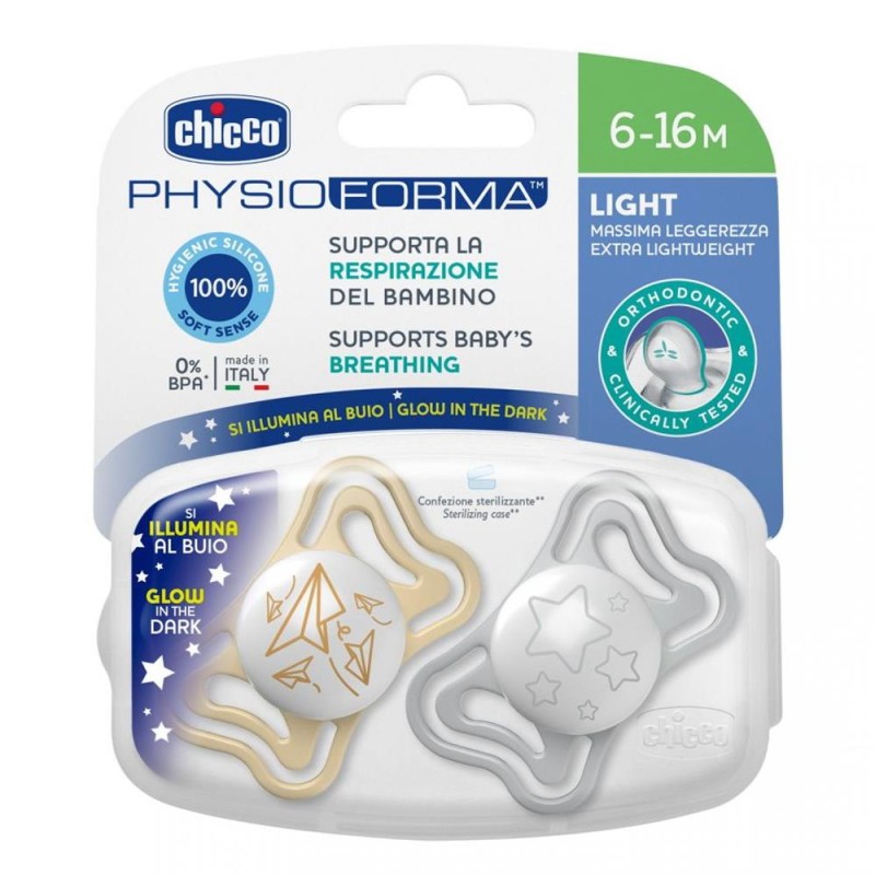 Chicco PhysioForma - Light Lumi Succhietto 6-16 M Tettarella in Silicone colore Neutro, 2 succhietti