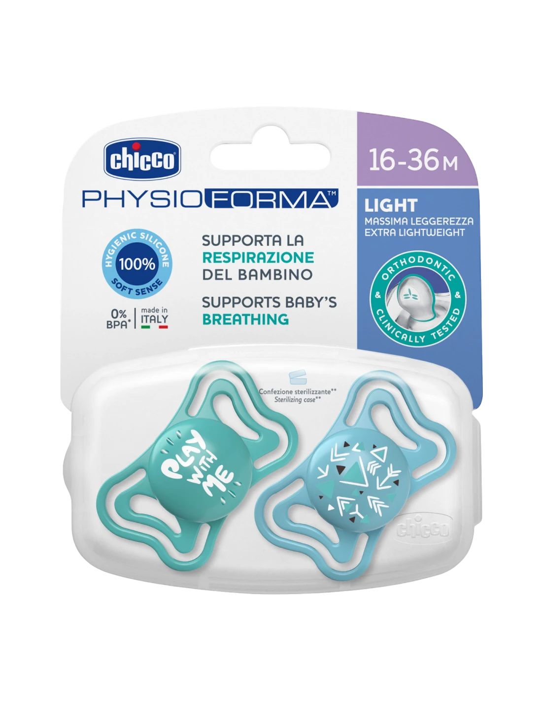 Chicco PhysioForma - Light Succhietto 16-36M Tettarella in Silicone Azzurro, 2pz