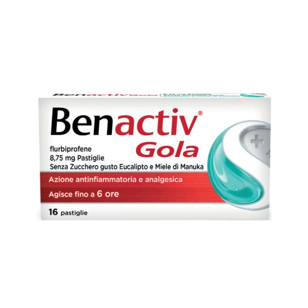 Benactiv Gola 8,75mg Flurbiprofene Pastiglie Senza Zucchero Gusto Eucalipto e Miele Trattamento di Stati Infiammatori del Cavo Orofaringeo, 16 Pastiglie